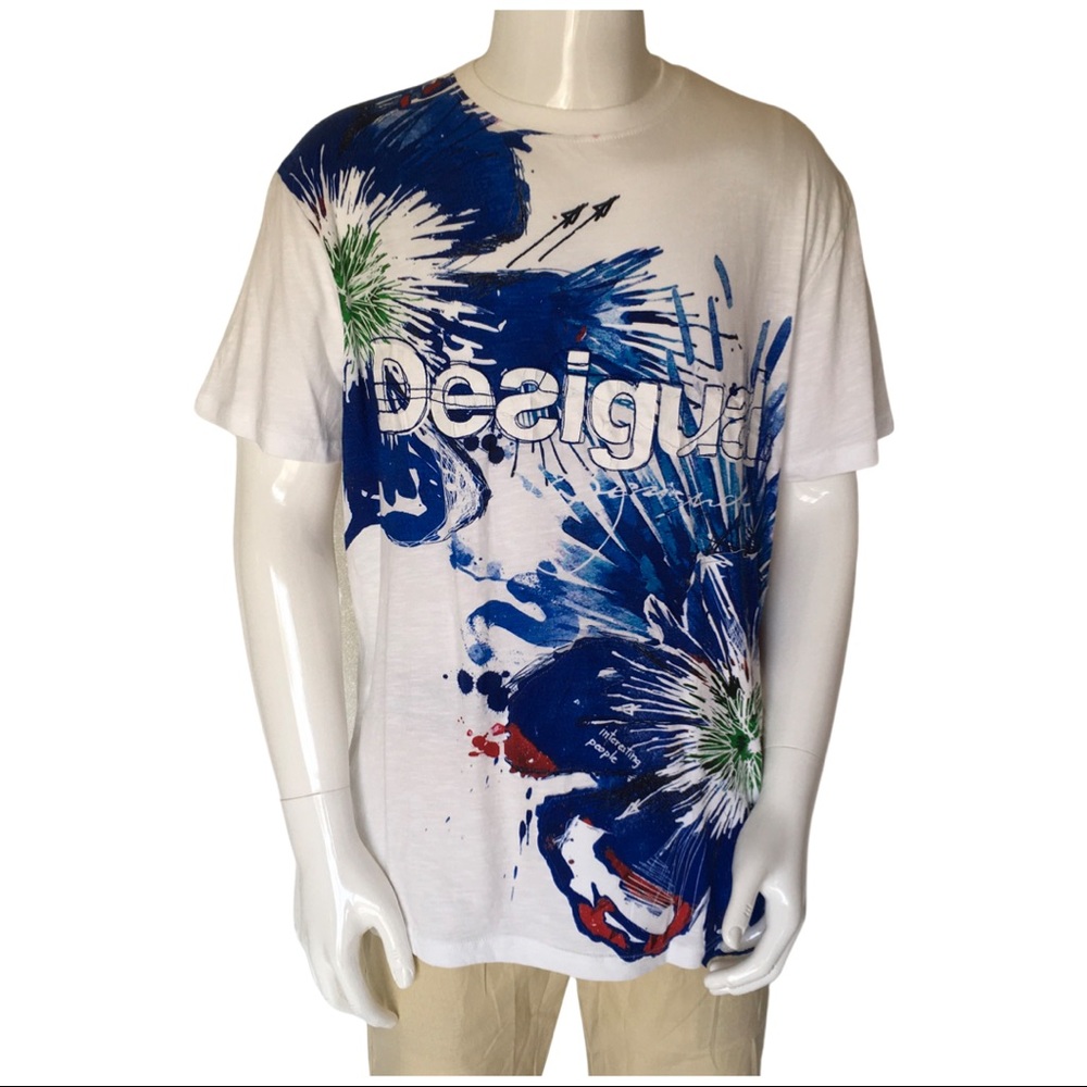 NWT Desigual Men's Graphic Tee Monogram Size XL White Blue